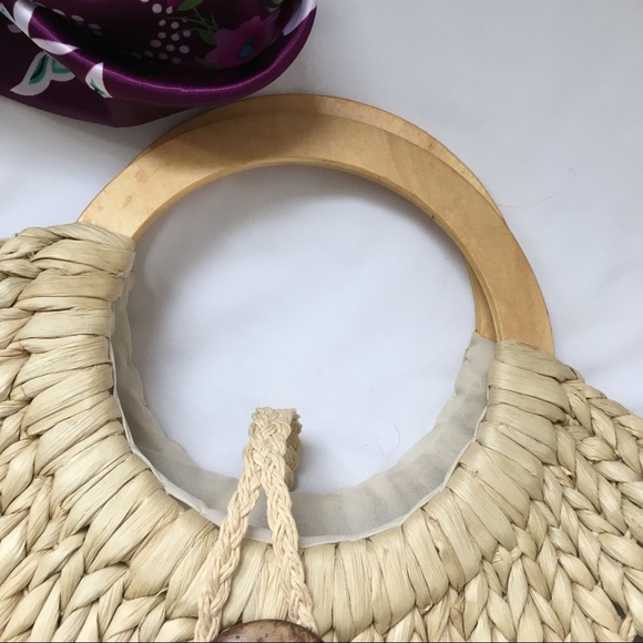 Half Moon Straw Handbag - Wooden Button & Handles - Picture 5 of 6